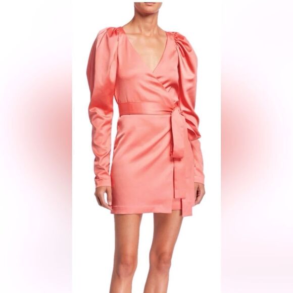 NWT Rotate Birger Christensen No.31 Puff Sleeve Wrap Dress Satin Pink Small - Picture 16 of 16